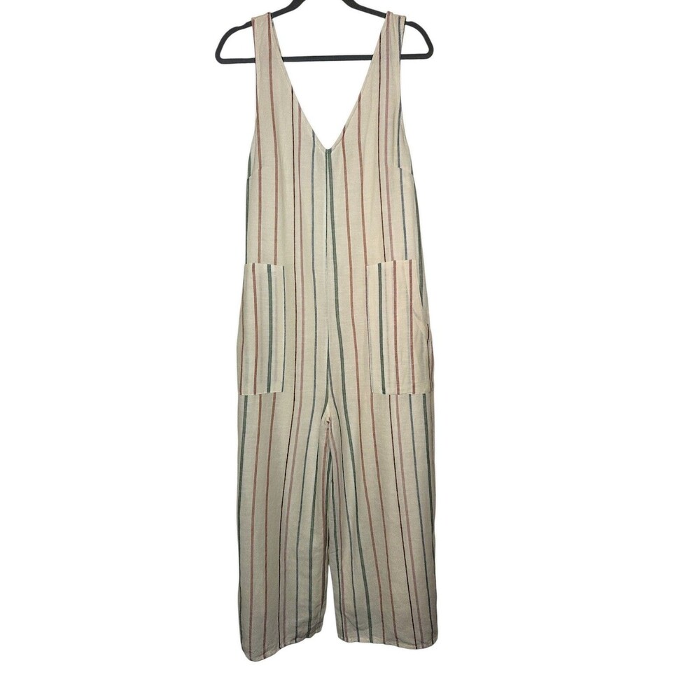American Eagle Jumpsuit Medium Linen Blend Wide Leg Patch Pockets Granola Beach